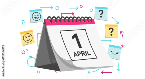 April fools' day calendar page with playful symbols and arrows on white background