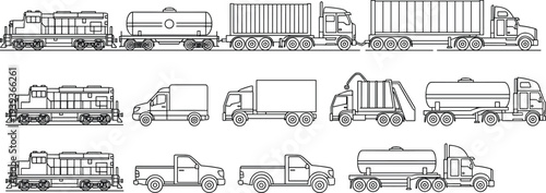 Transportation vehicle line icons set, cargo truck pickup garbage truck tanker train container logistics delivery transport outline collection