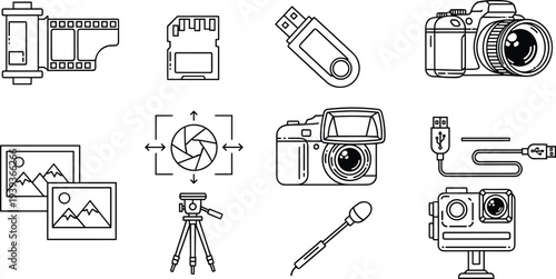 photography and camera equipment line icons set, digital camera lens tripod usb memory card vector illustration collection