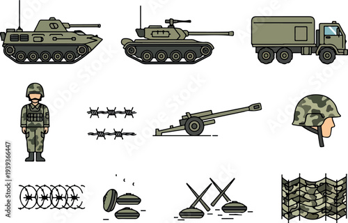 Military equipment and personnel depicted in various illustrations showcasing tanks, soldiers, and camouflage elements in a graphical representation