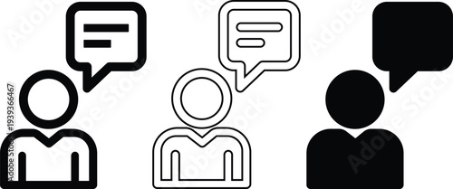 Three stylized human figures with speech bubbles representing communication and conversation symbols isolated on a white background