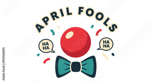 Colorful april fools' day illustration with red ball teal bow tie and laughing speech bubbles on white background