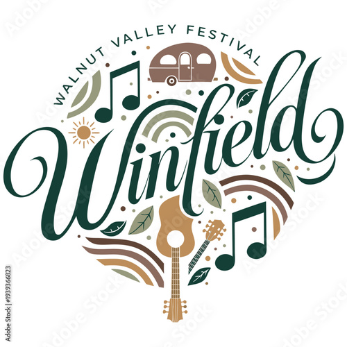 Walnut Valley Festival Winfield Typographic Design with Guitar and Rainbows