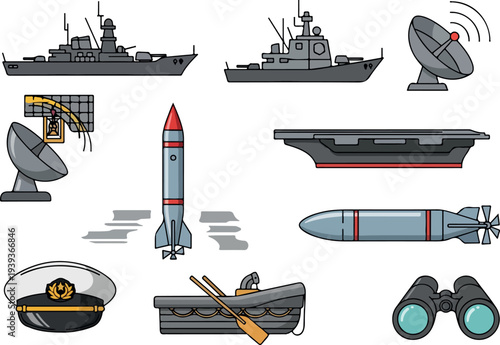 Navy ships and military equipment including warships, submarines, and missiles viewed from above in a graphic illustration