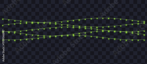 Three elegant wavy strings of small green glowing lights illuminate a dark transparent checkerboard pattern