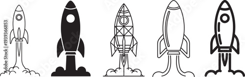 Five stylized rocket ships in thin line art vector illustration, flat design scalable graphic for tech and space themes