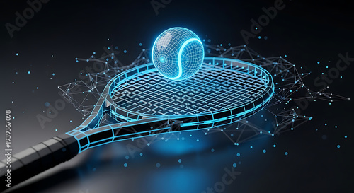 Tennis player hits ball with racket on court at night with technology
