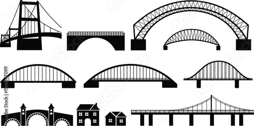 Assortment of Black Silhouette Icons Representing Different Types of Bridges and Small Houses Keywords: bridge, silhouette, icon