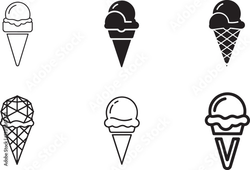 Six ice cream cones with different toppings thin line art flat design vector illustration