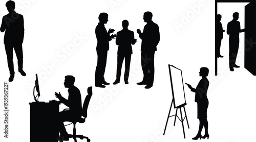 Business Meeting and Office Work Silhouettes White Background people