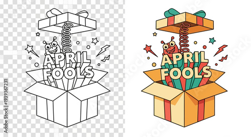 April fools' day illustrations with colorful spring popping out boxes