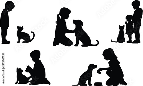 Children interacting with cats and dogs in silhouette kids pets
