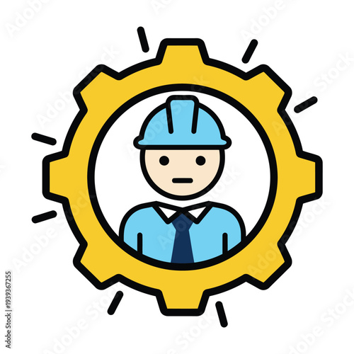 Worker in a hardhat and blue uniform centered within a yellow gear symbol representing industry and construction concepts isolated on a white background