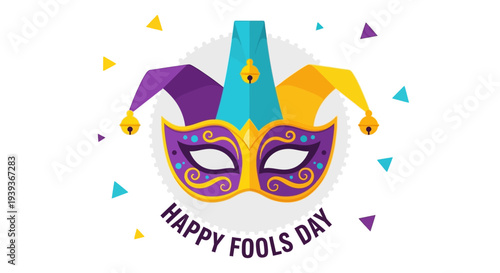 Vibrant jester's mask with purple yellow and blue colors for april fools' day celebration with confetti