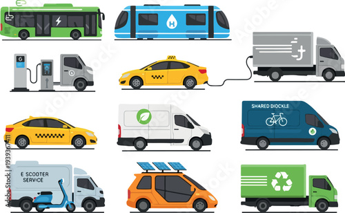 Collection of various eco-friendly vehicles and transportation icons on a clean background showcasing sustainable mobility