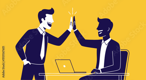Two businessmen in navy blue suits high five over a laptop on a yellow background conveying teamwork and success in a modern office setting with a sense of excitement