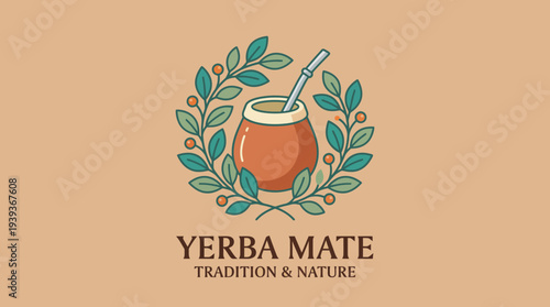 This logo showcases a yerba mate cup surrounded by leaves, representing tradition and wellness, perfect for brands focused on natural beverages or cultural heritage.