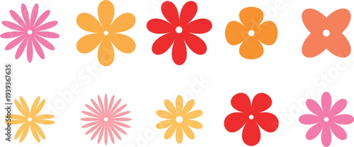 Colorful flat flower icons set simple Hippy groovy daisy flowers set floral shapes collection