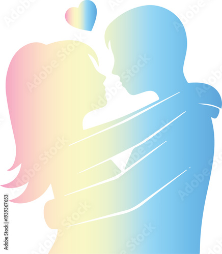 Loving couple silhouette with heart above them in rainbow colors