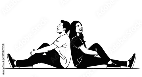 Young couple sitting back to back laughing and smiling together in casual clothes on the floor