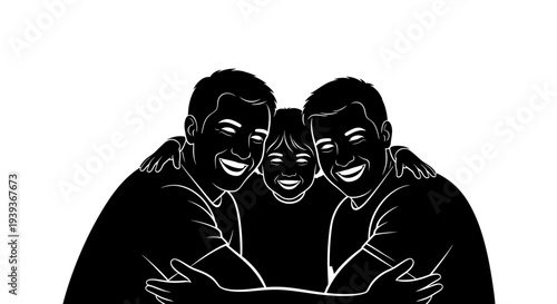 Diverse group of three friends smiling and hugging each other in a warm embrace on white background