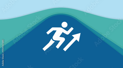 An abstract representation of a running figure alongside an upward arrow, symbolizing progress, motivation, and achievement through a contemporary and dynamic design approach.