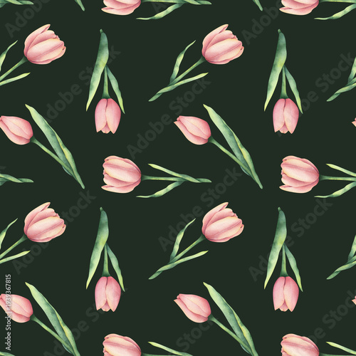 Foto A pattern with pink watercolor tulips on a dark green background