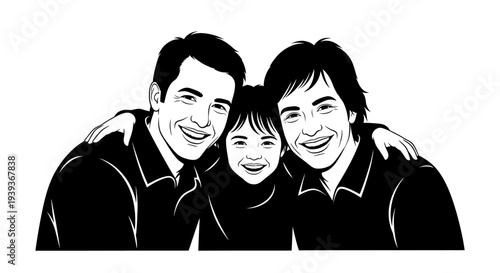 Happy family smiling together parents with child black and white illustration smiling faces loving embrace family bonding togetherness joy happiness love parenthood childhood