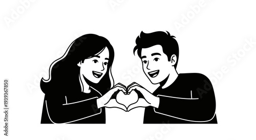 Young couple making heart shape with hands smiling and looking at each other in love and affection black and white illustration