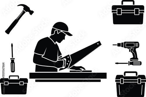Carpenter working with hand saw and construction tools icons hammer drill toolbox woodworking vector illustration set isolated