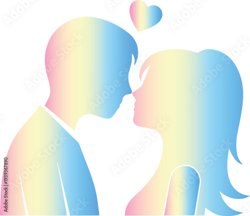 Rainbow silhouette of a couple sharing a romantic kiss