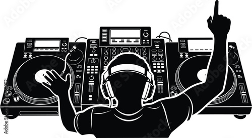DJ mixing music on turntables with headphones club disc jockey performance audio mixer party nightlife vector silhouette illustration
