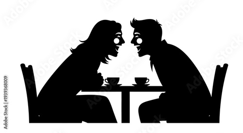 Silhouette of romantic couple sharing a laugh over coffee at a cozy table setting