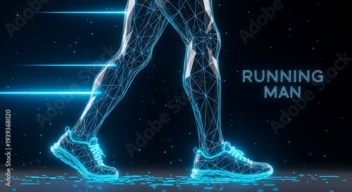 A futuristic man runs swiftly through a dark digital landscape with neon lines.