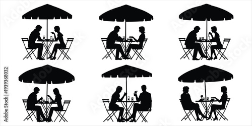 Multiple couples enjoying drinks at outdoor cafe tables with umbrellas vector illustration