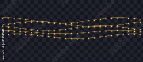 Three horizontal rows of glowing yellow string lights illuminate a dark