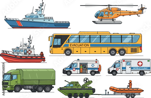 Emergency vehicles and vessels assembled for rescue operations at sea and on land from an aerial viewpoint