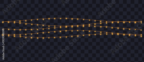Three long strands of golden yellow fairy lights sparkle brightly against a dark transparent overlay