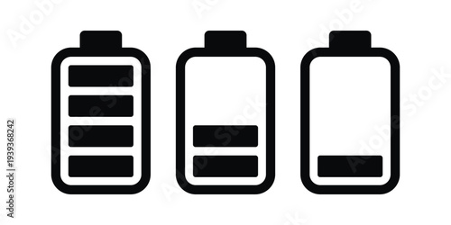 Battery Level Icons Set – Full, Medium and Low Battery Charge Symbols for Power Status Indicators, Device Energy Level UI Icons and Battery Warning Signs