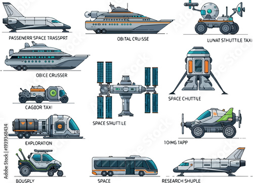 Spacecraft and shuttle vehicles depicted in detailed illustrations across various mission profiles and configurations