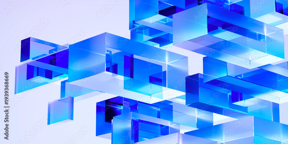 Obraz premium Abstract transparent blue glass geometric blocks background, futuristic crystal structure with gradient light, modern technology architecture concept, glossy minimal 3D render
