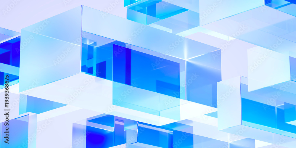 Obraz premium Abstract transparent blue glass geometric blocks background, futuristic crystal structure with gradient light, modern technology architecture concept, glossy minimal 3D render