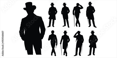 Silhouette collection of Victorian gentlemen in top hats and suits gentleman male