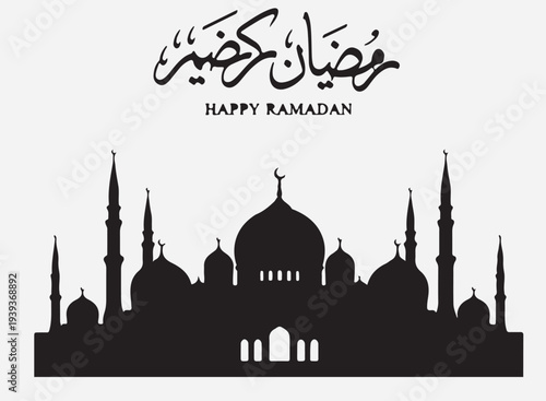 Ramadan mubarak greeting with a silhouette of a mosque and crescent moon