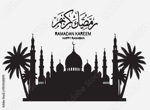 Ramadan mubarak greeting with a silhouette of a mosque and crescent moon
