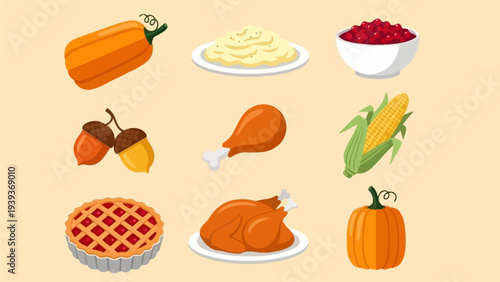 Delicious Autumn Harvest Food Collection - Thanksgiving, Pumpkin, Pie, Turkey, Corn, Mashed Potatoes, Cranberry, Acorns