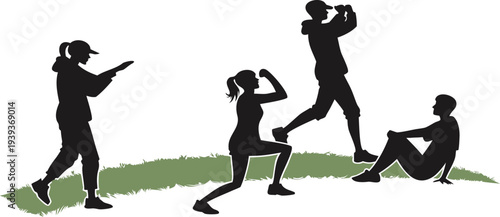 Group of young people silhouettes in various active poses on a green grass patch