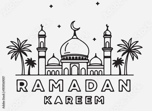 Ramadan mubarak greeting with a silhouette of a mosque and crescent moon