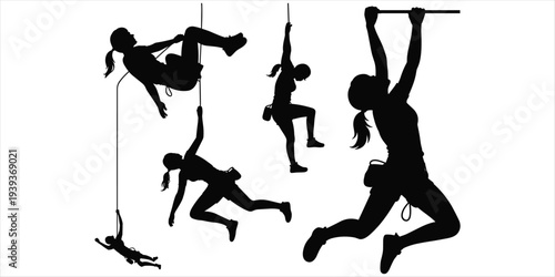 Silhouette of a Woman Rock Climbing and Bouldering with Ropes and Harness vector illustration