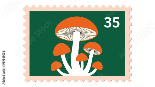 A vintage postage stamp featuring a cluster of vibrant orange mushrooms with white gills and stems, set against a dark green background, with the number 35 in the top right corner.